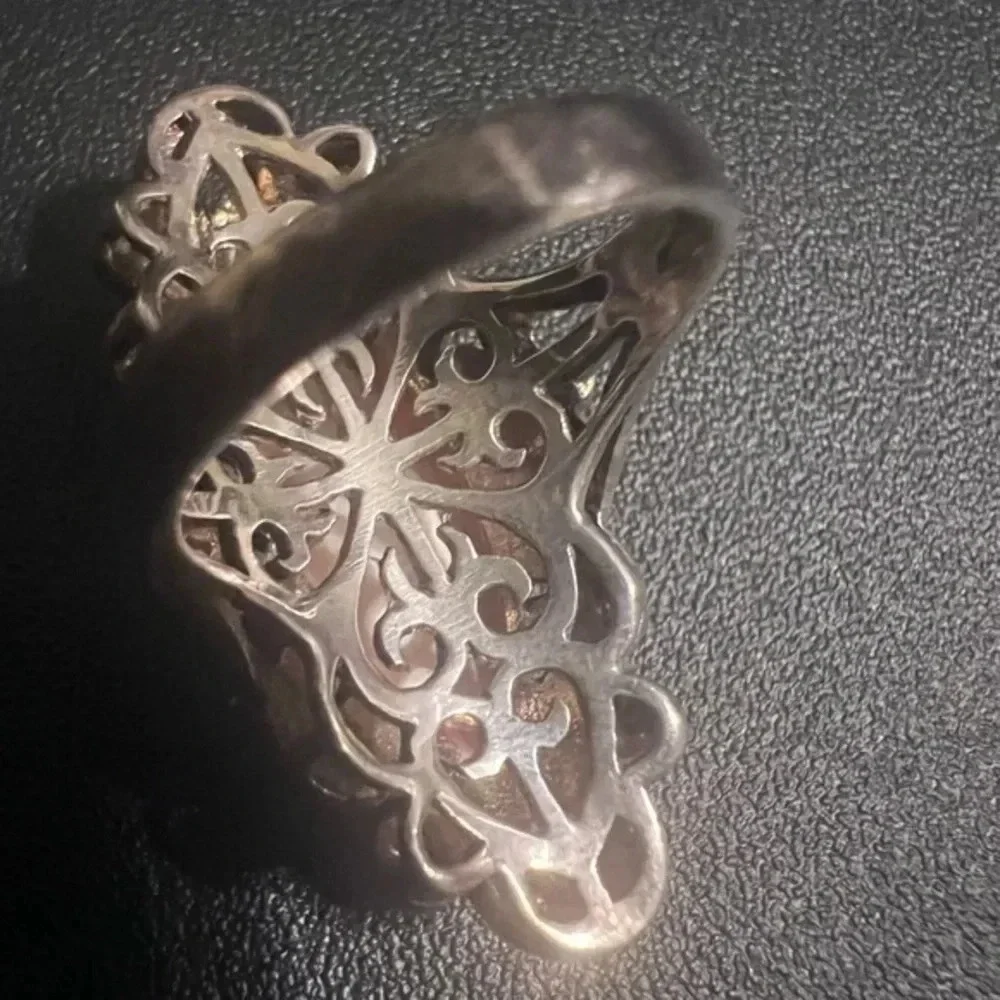 Sterling Silver Openwork Marcasite Shield and Mother of Pearl Cocoon Ring SZ 6